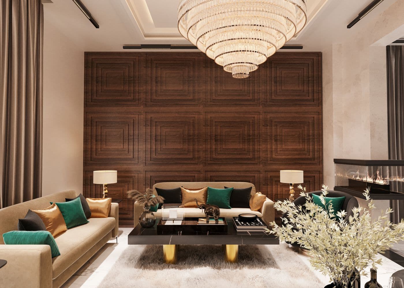 Finished living room with layered lighting and a hand-painted feature wall