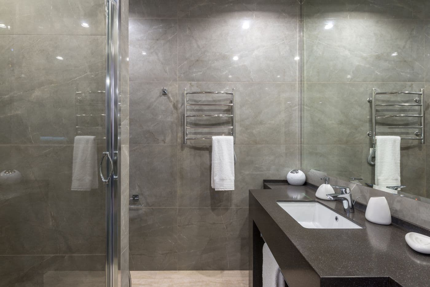 Completed walk-in wet room with glass screen